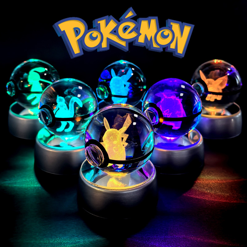 3D Pokemon Crystal Ball 7Cm 5Cm Mewtwo Pikachu Gengar Crystal Pokemon Ball Pokeball Figure Night