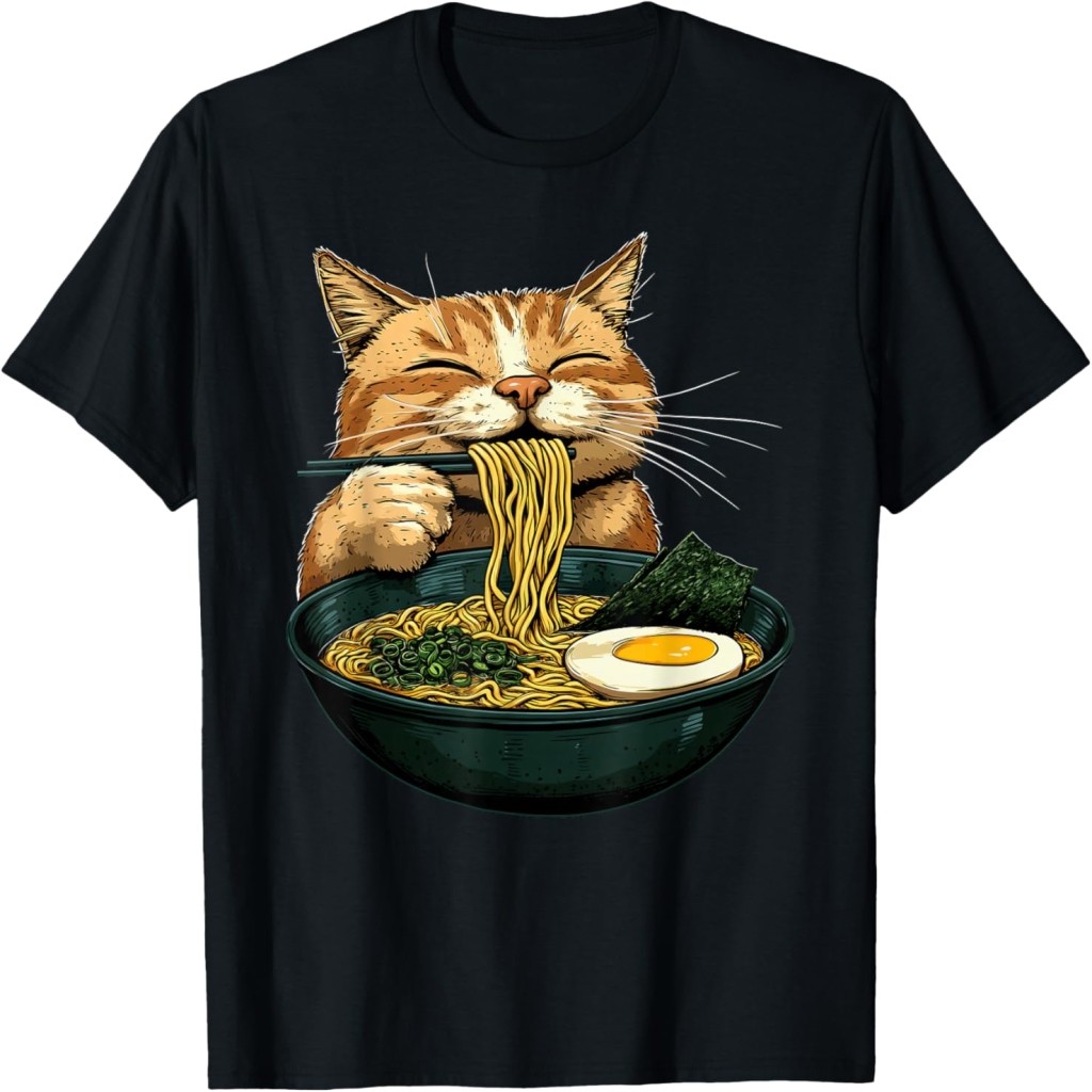 Funny Cat Eating Ra Japanese Graphic Tee Anime Kawa Cat T-Shirt