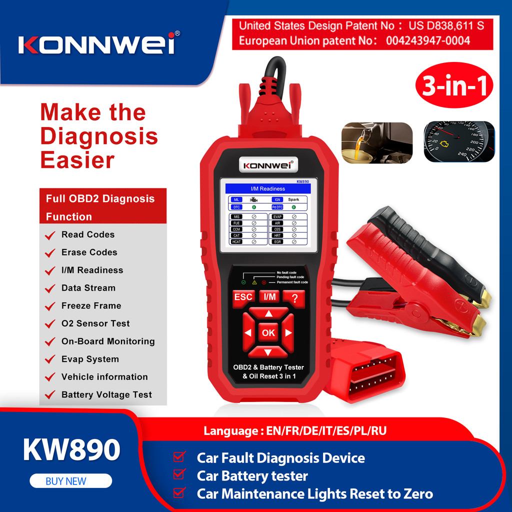New Konnwei Kw890 12V Car Obd2 Battery Tester Analizer Auto Diagnostic Tool Battery Match 3 In 1 Car