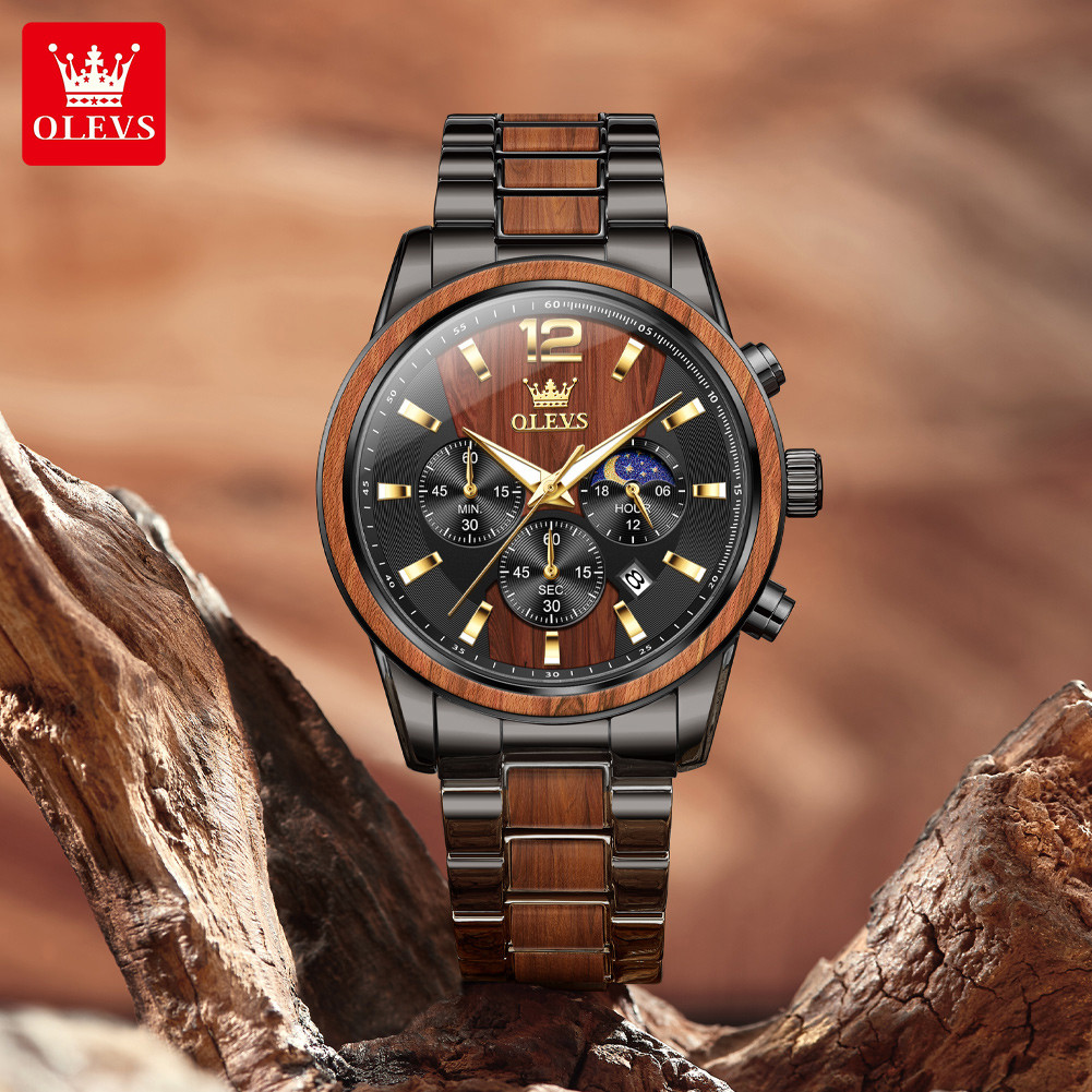 OLEVS 3645 Mens Watch Original Business Top Brand Quartz Watch Solid Wood Multifunctional
