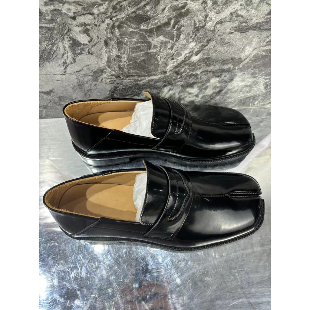 Black Tabi Leather Loafers Round Toe Square Root Slip On Genuine Leather Casual Shoes Business