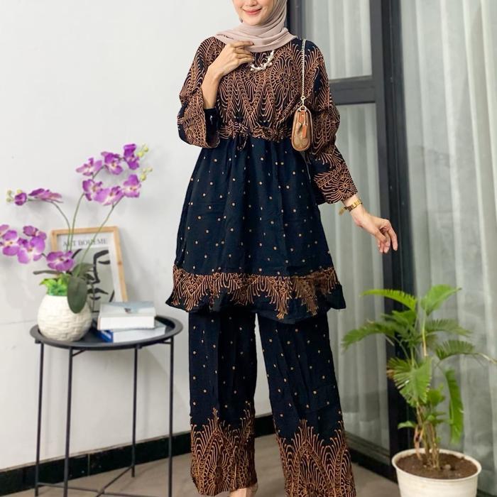 One set tunik meta jumbo rayon super Muslim Nyaman Tebal Baju Setelan Celana Atasan Motif