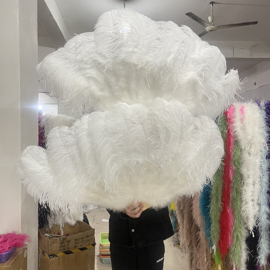 Large Real White Ostrich Feather Fans 13 Bars 90/130cm Fluffy Plumes Folding Fan for Carnival Stage
