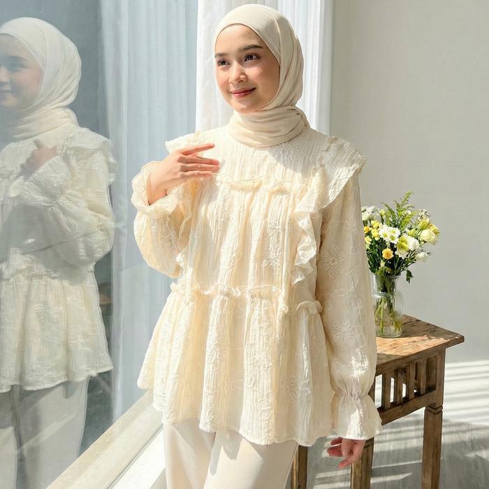 Blouse Lebaran Wanita Lengan Panjang / Blouse Putih Bordir / Blouse Kondangan