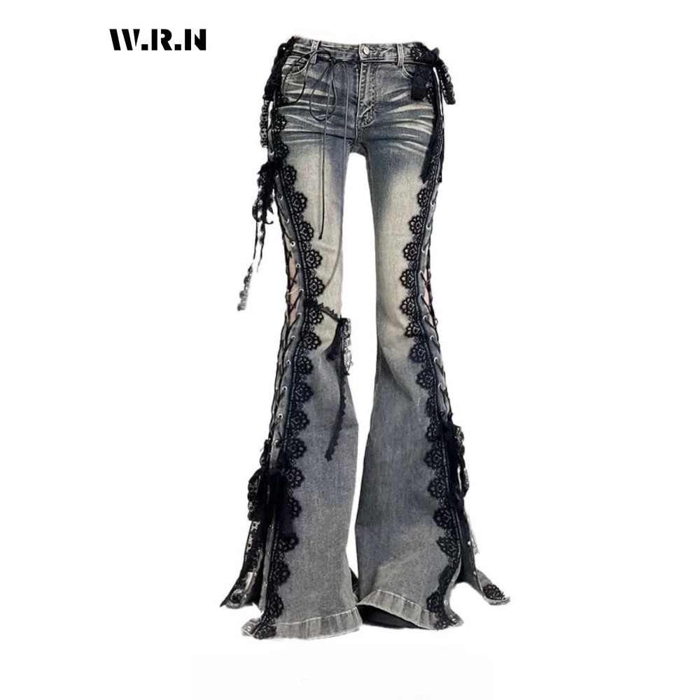 Retro Eyelets Lace Up Flare Jeans Stitch Lace Whiskers Slim Low Rise Split Bootcut Pants Women Bell