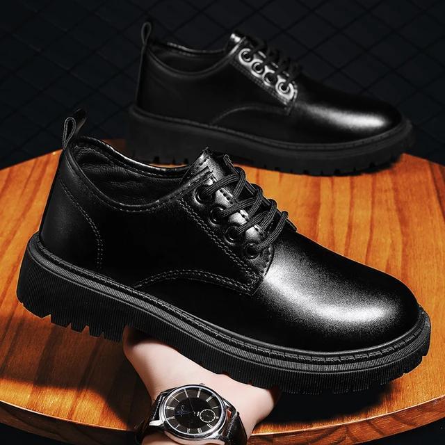 Aerostreet - Sepatu Pria Sepatu Kerja Kulit Hitam Tahan Air Bisnis Tebal Serbaguna Gaya Korea Baru