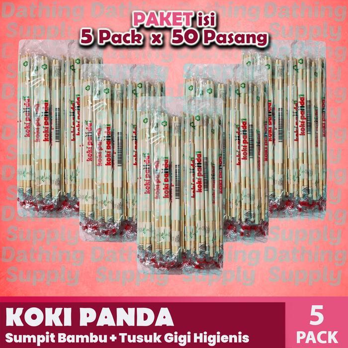 ( 5 PACK ) Sumpit KOKI PANDA import Per 5 PCS Isi 250 pasang dan Tusuk Gigi