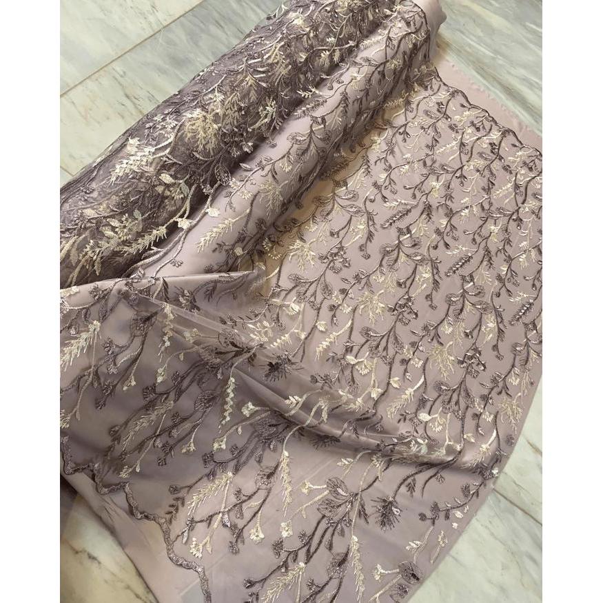 1/2 Meter Kain Bahan Kebaya Brokat Tile Embroidery 2 Tone Mewah Daisy Series Motif Bunga Warna Ungu