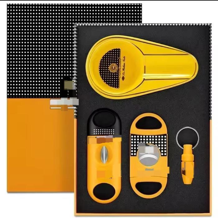 Yellow Gift Set 4 in 1 (Asbak Cutter V Puncher) Ashtray dan Pemotong Cerutu