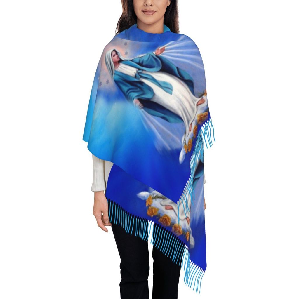Catholic Virgin Mary Tassel Scarf Women Soft Our Lady of Fatima Shawl Wrap Ladies Winter Scarves