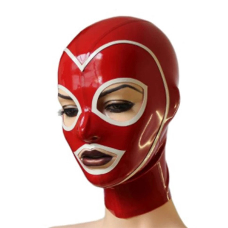 Latex Hood Open Eyes And Mouth Red With White Rubber Mask For Women Catsuit Club Wear Halloween