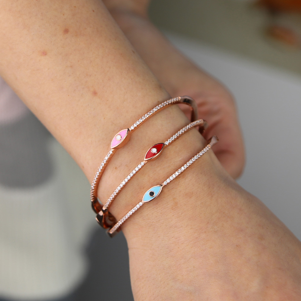 Rose Gold Color Enamel Evil Eye Bangle Bracelet for Women Bohemia Boho Lucky Turkish Evil Eye