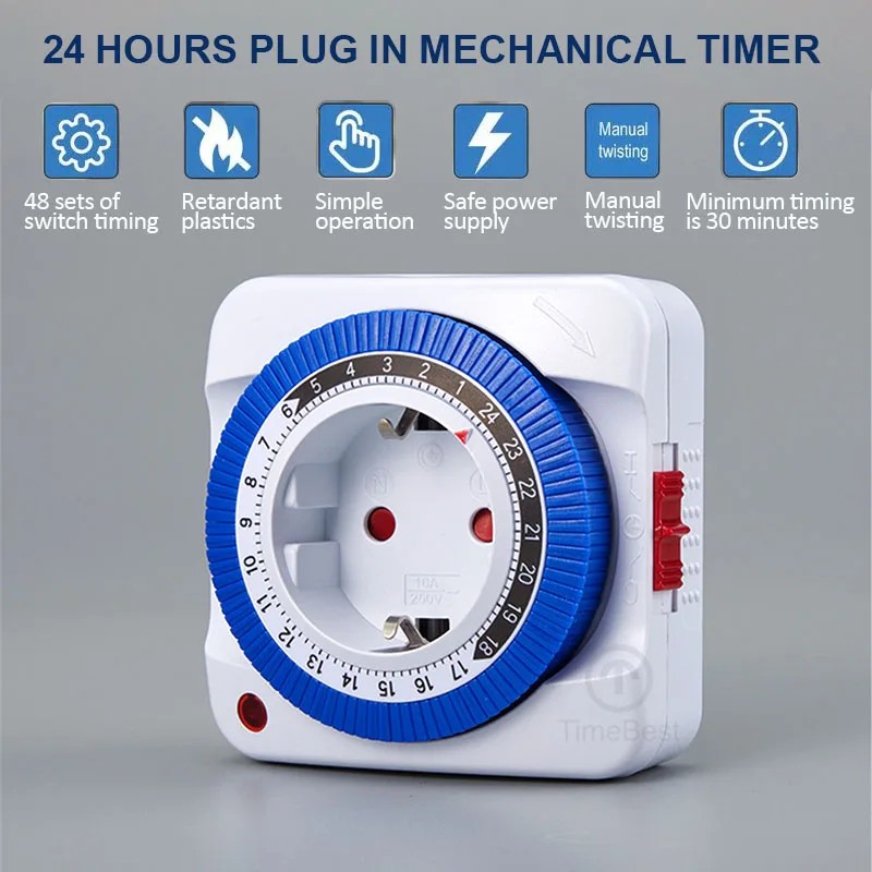 Eu/Us 24 Hours Timer Switch Timer Plug In Mechanical Grounded Programmable Smart Countdown Loop