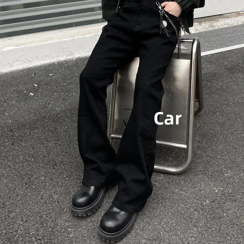 American High Street Vibe Pure Black Micro Flare Jeans Men's Straight Leg Slimming Drapey