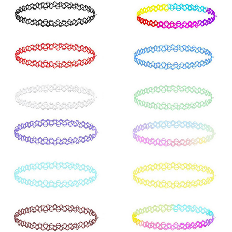 12Pcs Vintage Neck Tattoo Choker Elastic Women Necklace Tattoo Choker Stretch Necklace Jewelry Girls