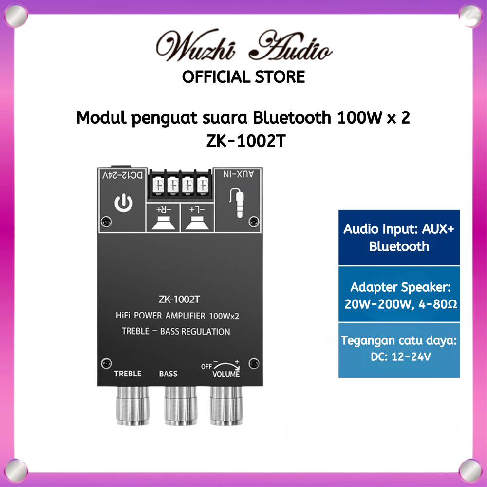 Wuzhi Audio | ZK-1002T Bluetooth 5.0 Audio Amplifier 100Wx2 Treble and Bass Adjustment - Subwoofer A