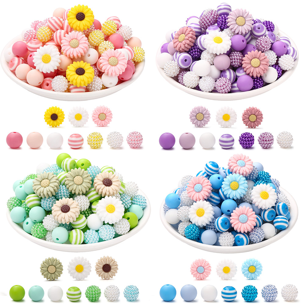 76Pcs Silicone Acrylic Beads Set 12Mm Round Daisy Flower Shape Focus Beads For Teether Baby Pacifier