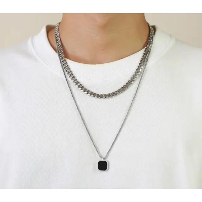 [ DOUBLE LAYER ] Kalung Rantai Titanium Pria Terbaru Model Double Layer Liontion persegi+Kalung