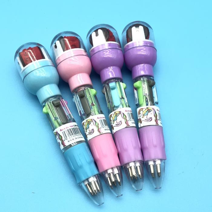 Pen 4 Warna 5in1 Pendek + Roller Stamp Karakter Lucu Pulpen Multicolor