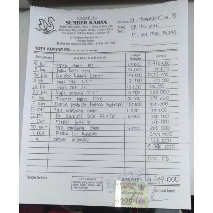 Nota Pt. Inti Citra Agung 21 November 2019