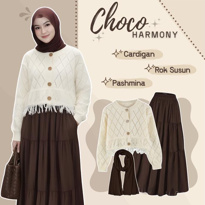 One Set Elegant Outfit ( Baju Cardigan Crop Tops + Rok Susun Korean Style + Pashmina Ceruti) One Set