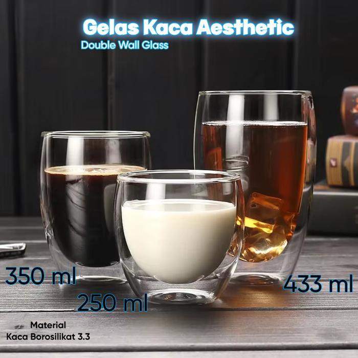 GELAS KACA AESTHETIC TAHAN PANAS DOUBLE WALL GLASS KITCHENWARE 250ML 350ML 433ML KACA BOROSILIKAT