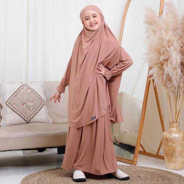 Jersey Gamis/Abaya Kids Set Jilbab Panjang Anak Perempuan Usia 3-13 Tahun Baju Muslim Syari Remaja
