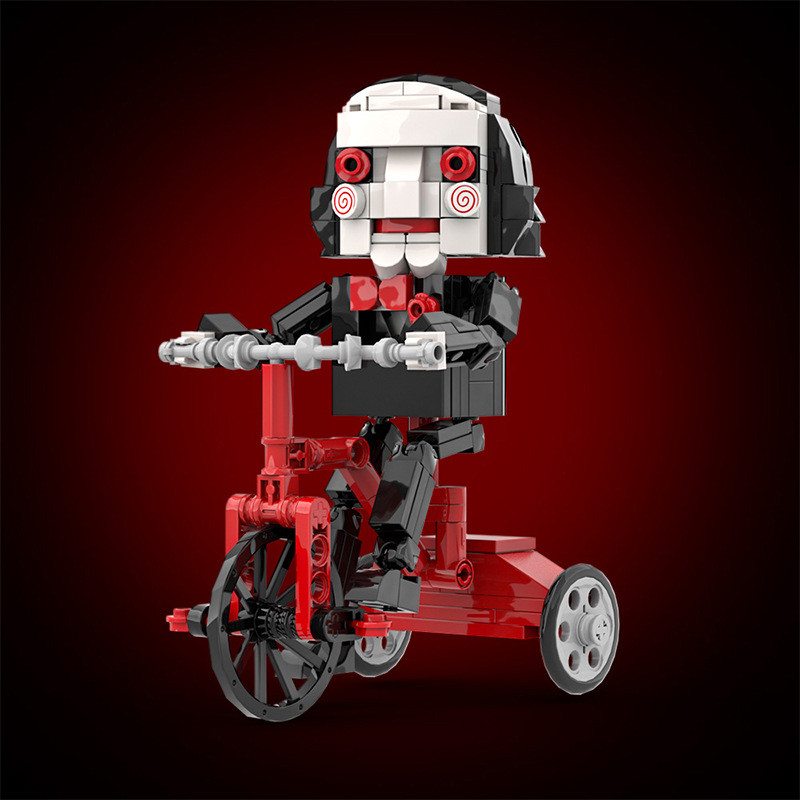 Horror doll riding a bicycle Lego model, thrilling series movie character building block toy,