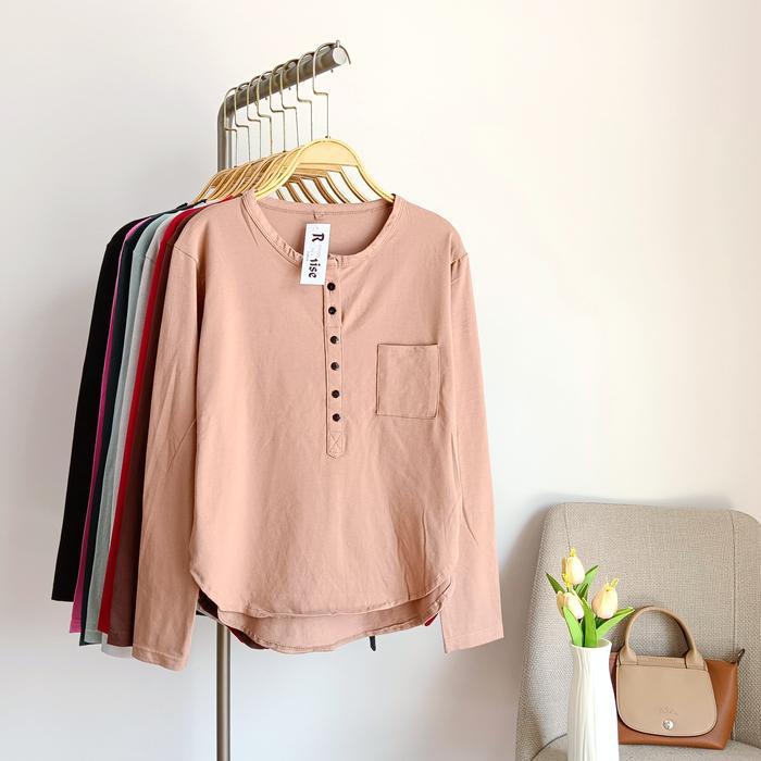 Atasan Oblong Basic Rayon Ramise - Kaos Lengan Panjang Busui Friendly - Baju Oval Kancing Ramise