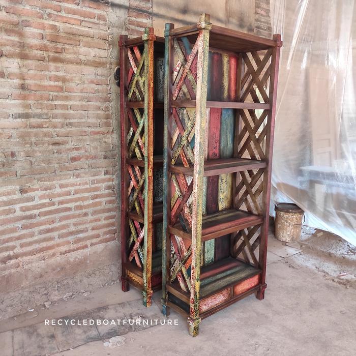 Rak Buku Jati Skandinavian Vintage 4 Tundan Model Kayu Bekas Kapal