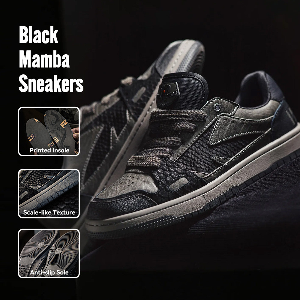 Maden Spring Casual Snake Year Black Mamba Men'S Sneakers Low-Top Flat Sole Versatile Black Shoes