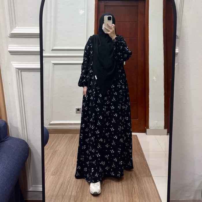 Tania Dress Gamis Rayon Viscose Busui Friendly Tanpa Hijab Manset Karet Tangan Semi Balon