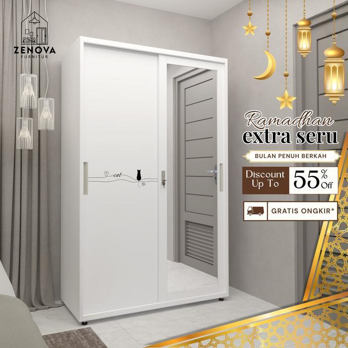 Zenova Lemari Kamar Tidur Besi Sliding 2 Pintu 120Cm - Pintu Geser Cermin Minimalis & Gantungan