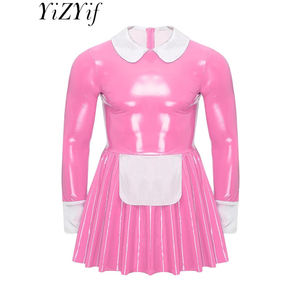 Mens Male Sissy Maid Dress Sexy Cosplay Costume Clubwear Puff Sleeve Wetlook Latex Maid Servant