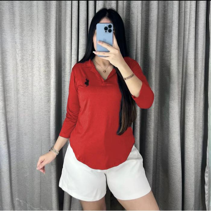 Karina Bordir - Kaos Bordir Kerah V Lengan Panjang 7/8 - Atasan Baju Polo Oversize Berkerah Wanita