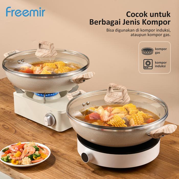 [Crehom Exclusive] Freemir Wajan Wokpan Jumbo 30 Cm Batu Granit Beige Set Wajan+Tutup+Spatula Wajan