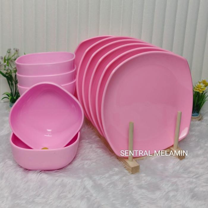 Sale Set Piring Melamin Ceper + Mangkok Mandalika Dinnerware - Kitchenware Hitam Kuning Pink Putih