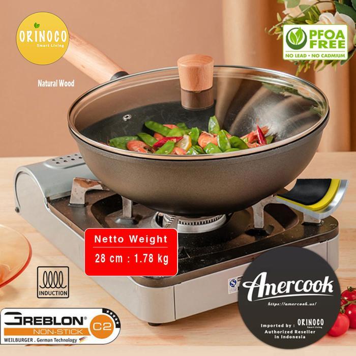 AMERCOOK Fusomoku Wok Pan Pegangan Kayu - Greblon C2 Non-stick