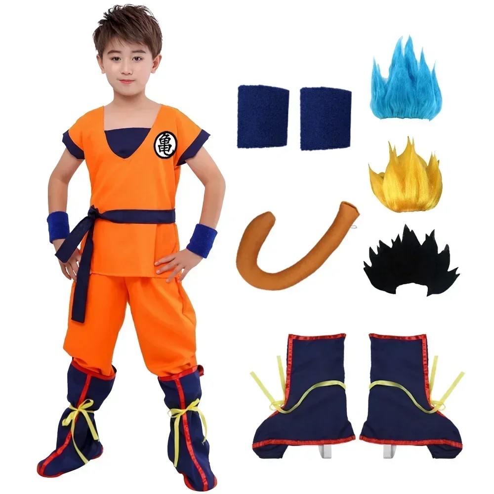 Halloween Kids Suits Son Goku Gui Carnival Anime Cosplay Holiday Costumes Tail Wrister Wig Blue Gold