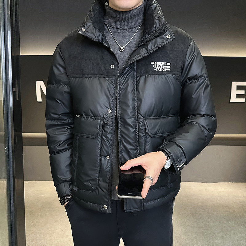 Trendy Men's Winter Jacket down Coat Patchwork Long Zipper Hooded Lightweight White Duck down