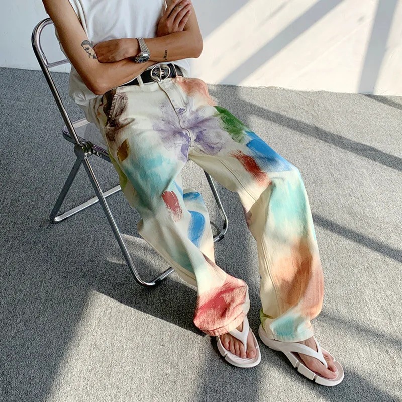 Hand-Painted Brush-Varnished Colorful Men's Jeans Loose Straight Casual Trousers Summer American