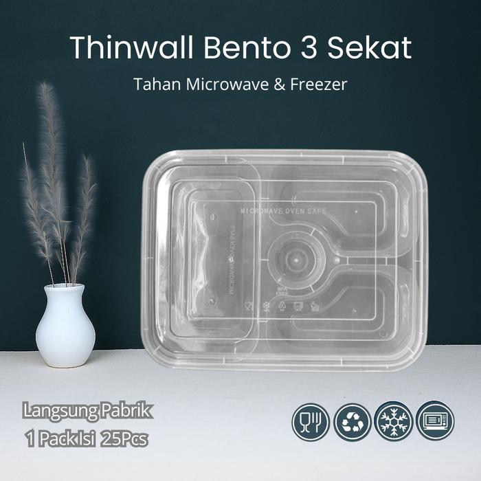 Thinwall Bento Sekat 3 Plastik - Food Container Bento Thinwall Premium