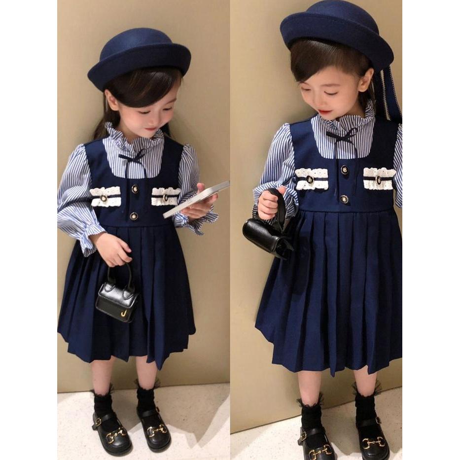 [507997] - Baju Dress Plisket Semi Korea Fashion Anak Perempuan - Motif Lace Buttons