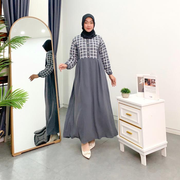 Asya Dress GAMIS KRINKEL AIRFLOW KOMBINASI MOTIF KOTAK Crinkle Karet