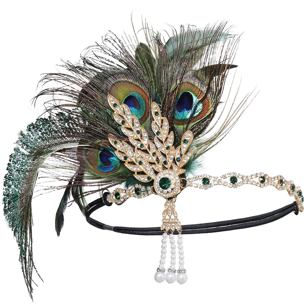 Peacock Feather Headband 1920 Flapper Girl Headpiece with Rhinestone Tassel Vintage Party
