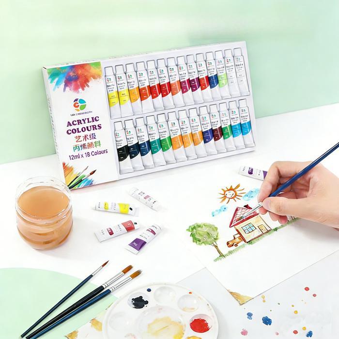 Set Cat Akrilik 12ml untuk Pemula & Anak - Tahan Air, 12/18/24/36 Warna Cat Lukis