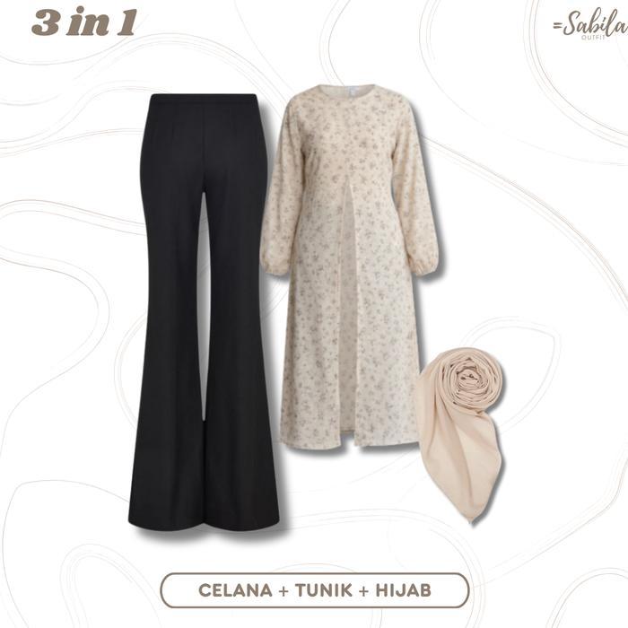 One Set Wanita Hijab Style ( Cutbray Hitam,Tunik,Hijab Bella Square ) Ootd Kondangan, St94