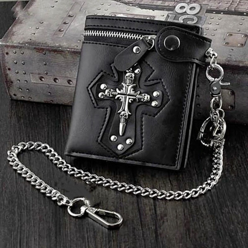 Men's PU Leather Wallet Foldable Rivet Retro Biker Wallet Anti-theft Pants Chain Purse Male Rock