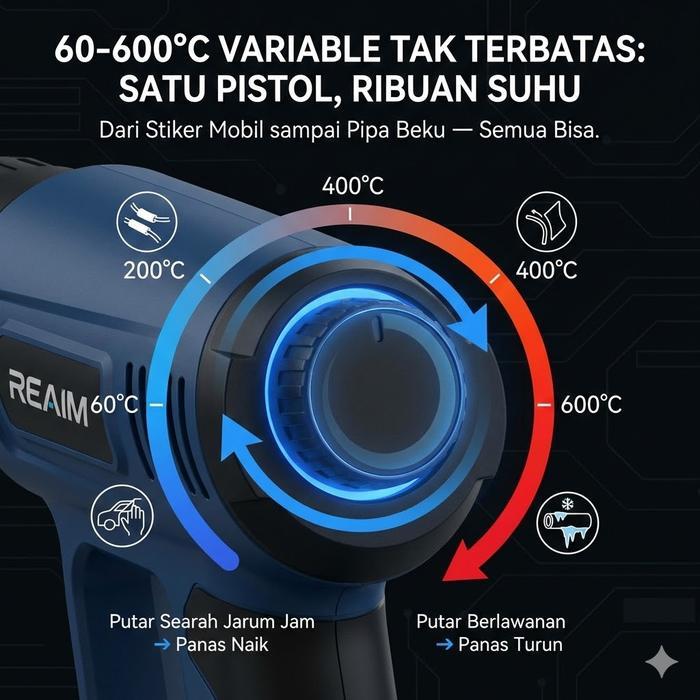 REAIM Hotgun Heatgun Digital Display 900W Suhu 60-600C Adjustable Temperature