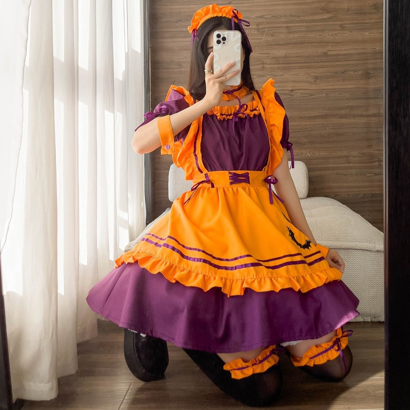 Plus Size Maid Dress Halloween Cosplay Costumes Womens Apron Maid Outfits Lolita Pumpkin Suit Anime